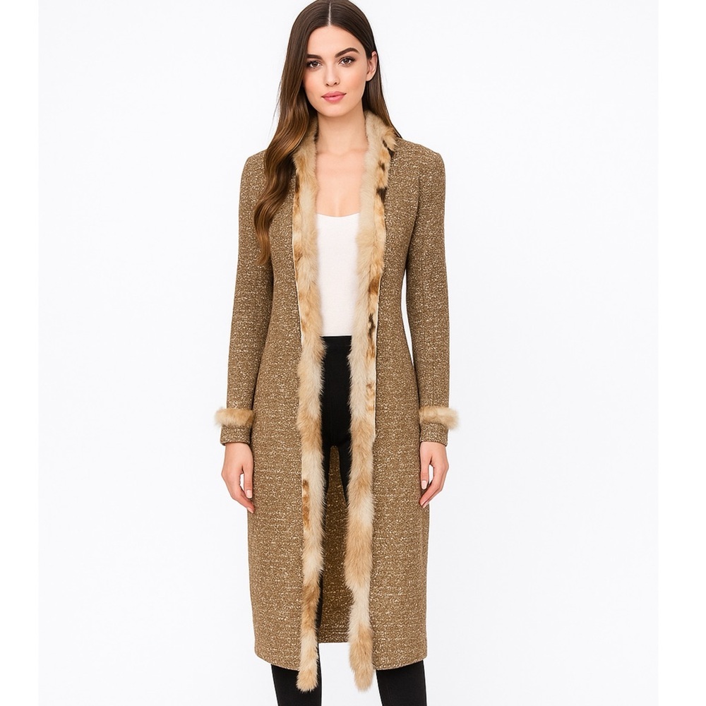 St. John couture genuine fur trim gold knit cardigan duster
